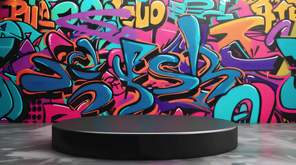 Black podium with colorful graffiti in the background