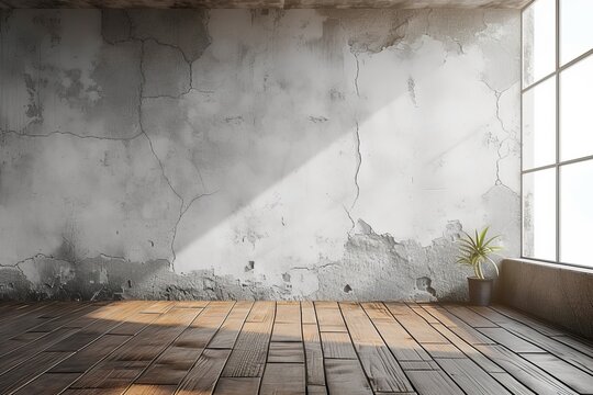 A solitary potted plant sits against a stark white wall, its leaves dripping with morning fog as it stands in the midst of a concrete building, its composite material blending into the ground beneath