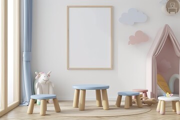 Fototapeta na wymiar Blank Mockup Frame in Tender Baby Nursery Interior, Empty Space,Adorable Baby Room Mockup, Empty Frame