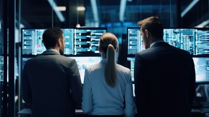 IT specialists confer at a meeting and discuss news in the computer industry