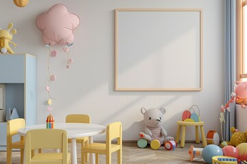 Blank Mockup Frame in Tender Baby Nursery Interior, Empty Space,Adorable Baby Room Mockup, Empty Frame