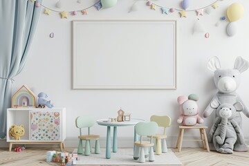 Blank Mockup Frame in Tender Baby Nursery Interior, Empty Space,Adorable Baby Room Mockup, Empty Frame