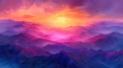 Picture a vibrant sunrise over a digital landscape of indigo mountains and tangerine skies, an abstract portrayal of dawn's first light, painting the world with a warm glow.  - obrazy, fototapety, plakaty