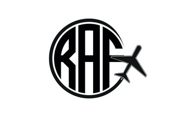 RAF three initial letter circle tour & travel agency logo design vector template. hajj Umrah agency, abstract, wordmark, business, monogram, minimalist, brand, company, flat, tourism agency, tourist - obrazy, fototapety, plakaty