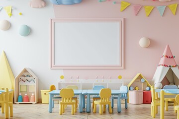 Blank Mockup Frame in Tender Baby Nursery Interior, Empty Space,Adorable Baby Room Mockup, Empty Frame