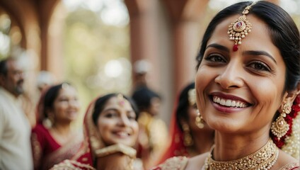 Warm, close-up portrait of a beaming Indian woman in exquisite traditional wedding attire, capturing the essence of bridal joy and cultural elegance at a ceremony. - obrazy, fototapety, plakaty