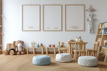 Blank Mockup Frame in Tender Baby Nursery Interior, Empty Space,Adorable Baby Room Mockup, Empty Frame