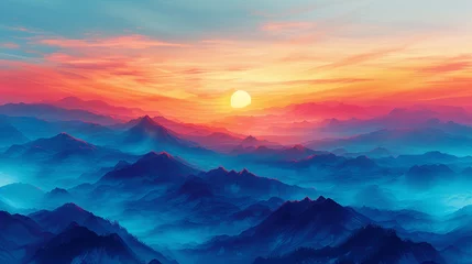 Foto op Canvas Picture a vibrant sunrise over a digital landscape of indigo mountains and tangerine skies, an abstract portrayal of dawn's first light, painting the world with a warm glow.  © Dani Shah 
