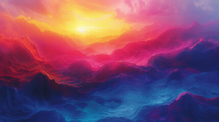 Picture a vibrant sunrise over a digital landscape of indigo mountains and tangerine skies, an abstract portrayal of dawn's first light, painting the world with a warm glow.  - obrazy, fototapety, plakaty