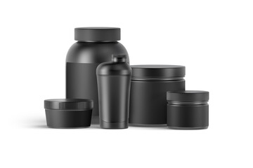 Blank black protein can, bottle and shaker mockup, front view
