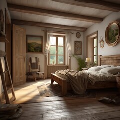 Country style bedroom interior in traditional house.