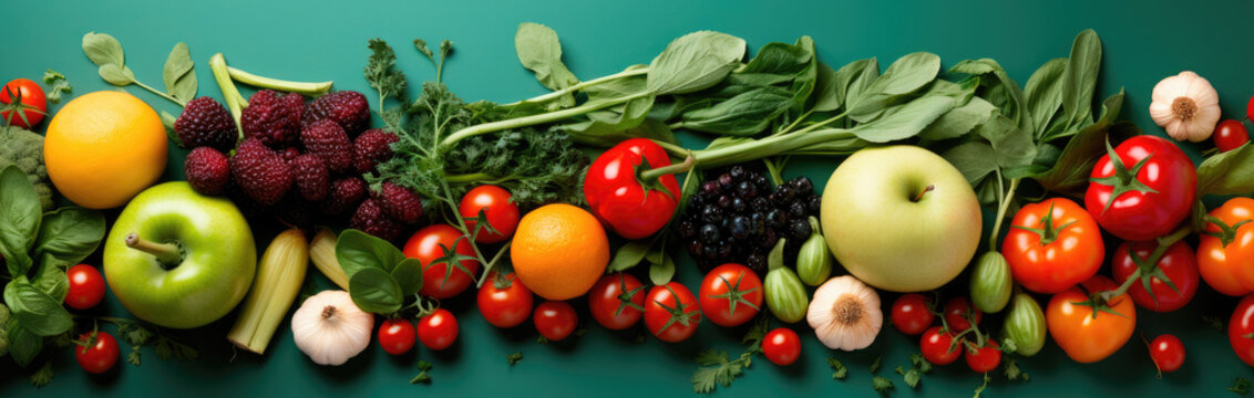 Banner from various vegetables on blue background, top view, creative flat layout. Concept of healthy eating, food background