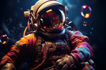 Foto op Plexiglas Exoplanet adventure. astronaut in vibrant bubble galaxy - pop art concept for space exploration © Iuliia
