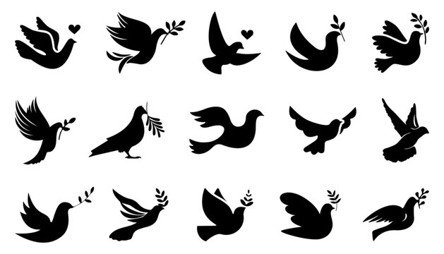 Dove or pigeon icon collection. Peace doves silhouette. Flying pigeon with branch icon. Dove of peace icon. Flying bird