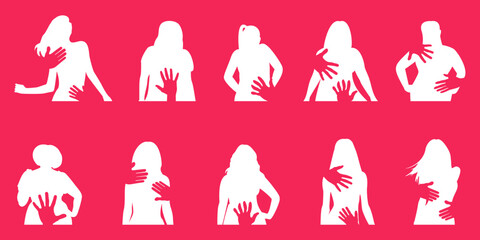 Violence against women silhouette collection. Silhouette of woman, harassment