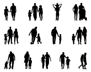 Family silhouette collection in black. Black silhouettes of families in walk. Happy family silhouette collection