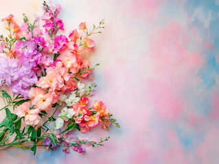 Naklejka na ściany i meble Spring background with space for text. A bouquet of different flowers on a plastered pastel background. Wallpaper, banner, background for the site.