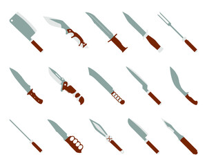 Set of knife, machete, dagger in a flat design. Knives or combat weapon blades. Colorful combat knives or daggers in cartoon style