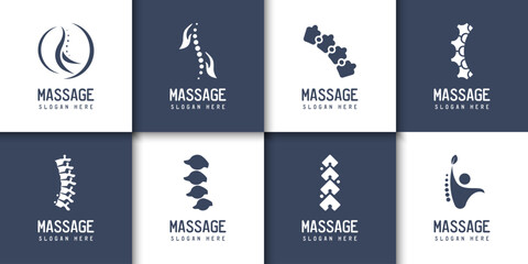 Massage logo with spine icons. Set of abstract chiropractic logo. Massage, back pain, spine icons - obrazy, fototapety, plakaty