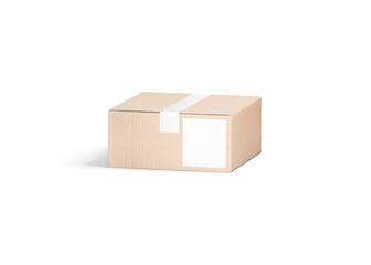 Blank white shipping label on craft box mockup, front view