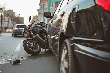 Fototapeta premium a motorcycle crashed into a car on a city street, accident of the car and the motorcyclist
