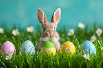 A playful bunny gathers colorful easter eggs in a lush green field, surrounded by vibrant flowers and the peacefulness of nature