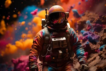 Fotobehang Exoplanet adventure. astronaut in vibrant bubble galaxy - pop art concept for space exploration © Iuliia