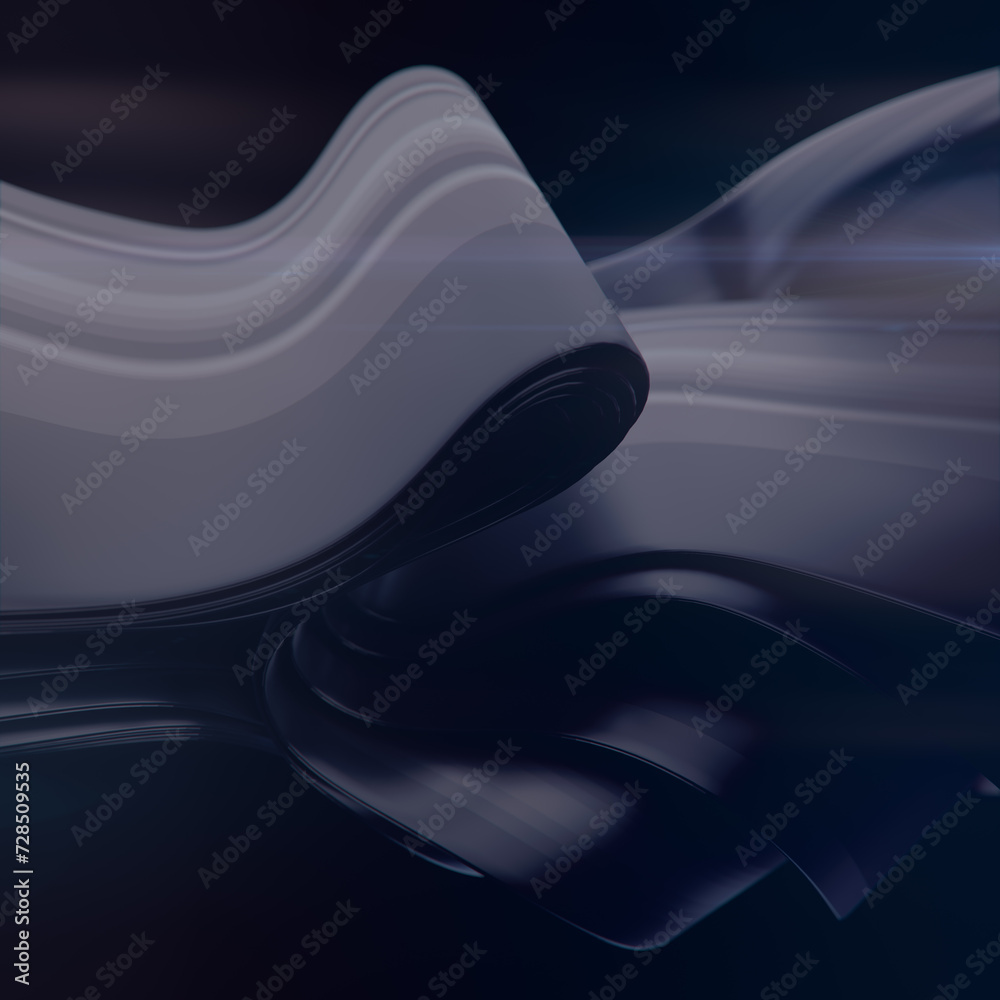 Poster Smooth wave of black fabric stripes with shiny stripes. Abstract background. 3d rendering digital illustration