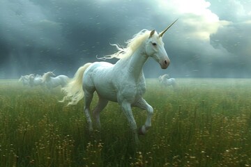 A majestic mustang mare gallops freely through a lush green field, her flowing mane dancing in the wind as she embodies the untamed spirit of nature - obrazy, fototapety, plakaty
