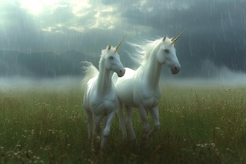 Obraz na płótnie Canvas Amidst the misty fog, two majestic white horses with golden horns stand gracefully in a lush green field, embodying the perfect harmony between wild and domesticated, free-spirited and noble