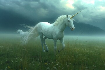 A majestic unicorn with a flowing mane stands in a lush field, surrounded by wild mustang horses, under a beautiful sky filled with fluffy clouds