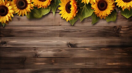 Border of decorative sunflowers on wooden background, Copy space