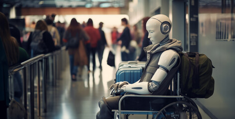 Robot in a wheelchair at the airport waiting for passengers. Selective focus,aRobot and passengers at the airport. Blurred background.