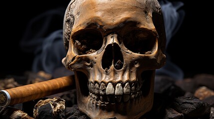 Skull with cigarette smoke, black background, tobacco addiction leading to death