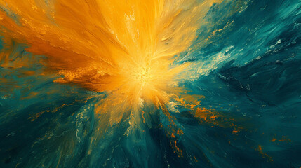 Radiant bursts of sunshine yellow and deep teal intermingle, forming an abstract representation of pure joy. 