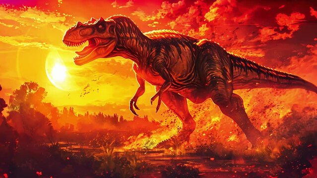 A watercolor portrayal of an Allosaurus midhunt its muscular body lit up by the fiery glow of a setting sun capturing the drama and danger of prehistoric times.