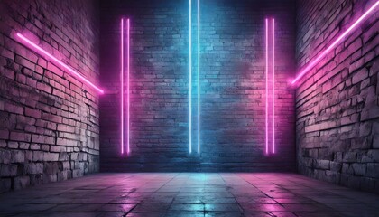 tunnel of light, Modern futuristic neon lights on old grunge brick wall room background art,...