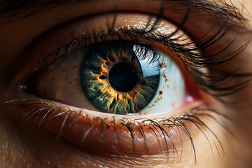 Detailed close-up of vibrant iris and burst capillaries, high-res frontal eye texture