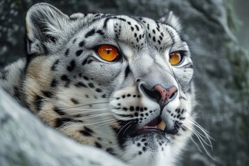 Graceful and fierce, a snow-white leopard gazes into the distance with piercing blue eyes, its thick fur blending seamlessly with the wintry landscape