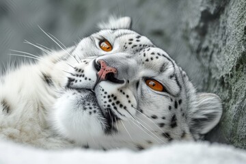 A majestic snow leopard with striking black spots and piercing orange eyes, basking in the sunlight with its thick fur and delicate whiskers, exuding power and grace as a fierce terrestrial predator 