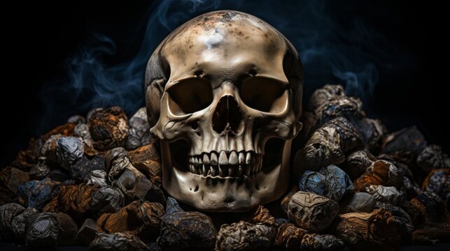 Eerie composition. A skull on cooled coals creates a stunningly detailed image