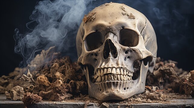 Skulls against a background of smoke and dried scattered leaves, black background, detailed photo
