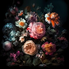 classic colorful flower on dark background  in modern style artwork for wall art, decoration and wallpaper