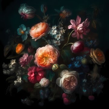 classic colorful flower on dark background in modern style artwork for wall art, decoration and wallpaper © Wipada