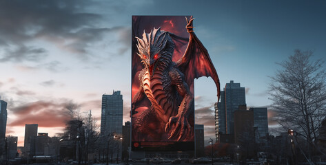 Dragon on the billboard in the city at sunset, 3d render, 3D rendering of a dragon in a city setting with dramatic clouds