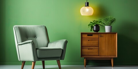 Green armchair and lamp on cabinet in flat interior photo.