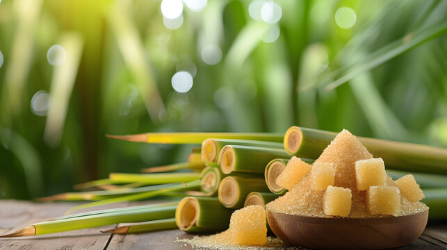Brown sugar with fresh sugar cane on wooden table with sugar cane plantation farming background 