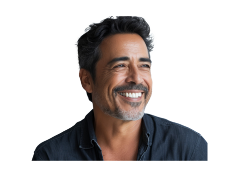 Middle age hispanic man looking away to side with smile on face - Powered by Adobe
