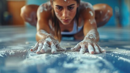 Athlete chalking hands before a gymnastics routine, close-up capturing the preparation and concentration