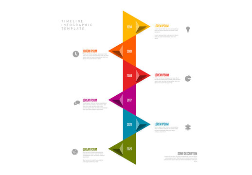 Infographic vertical timeline template with left and right triangle arrows on color time line